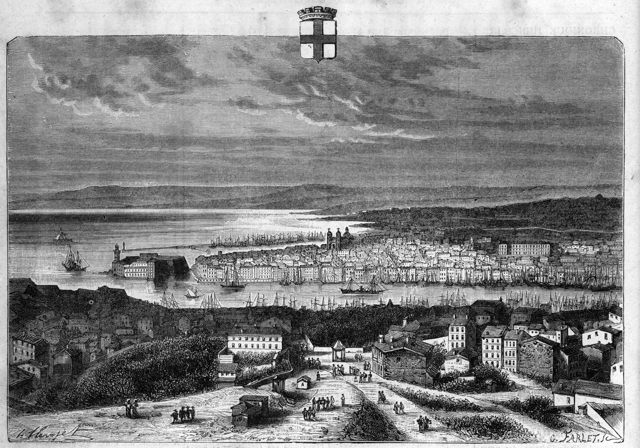 Utsikt över staden och hamnen i Marseille. Gravyr från 1880 i "La republique illustree"" privat samling. av French School