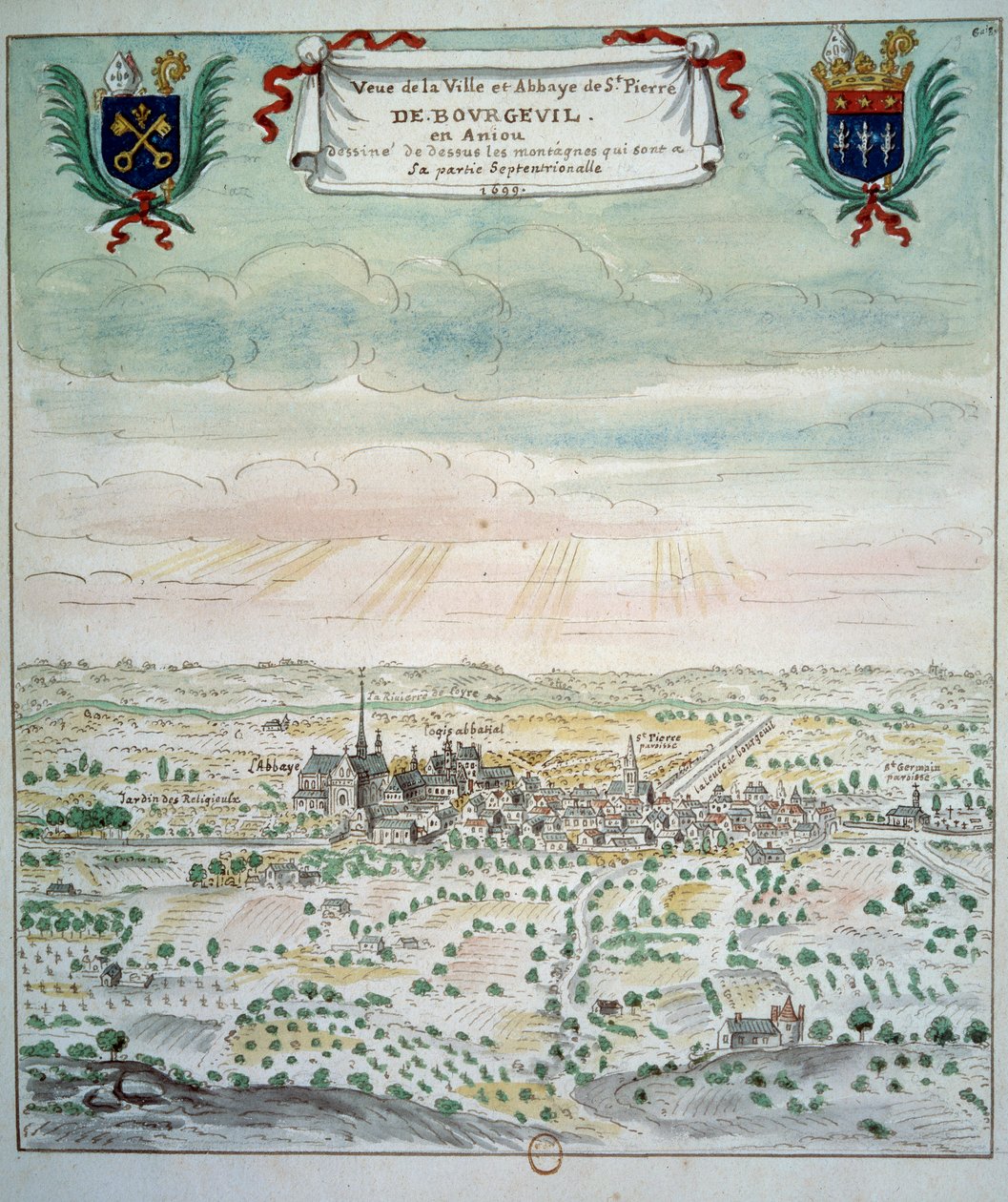 Utsikt över staden och klostret Saint Pierre de Bourgueil Akvarell från den franska skolan. 1699 Paris, B.N. av French School