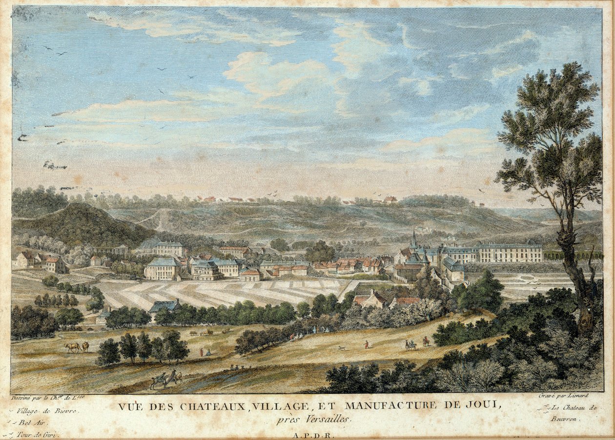 Vy över staden och Christophe Philippe Oberkampfs (1738-1815) dukfabrik i Jouy en Josas (Yvelines) (installerad 1758) Litografi från 1800 Sceaux, musee de l