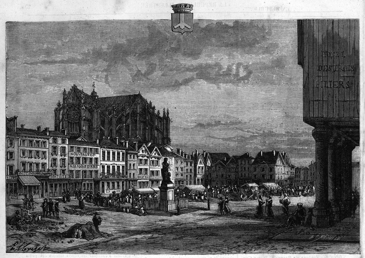 Utsikt över staden Beauvais i Oise. Gravyr från 1880 i "La republique illustree"" privat samling. av French School