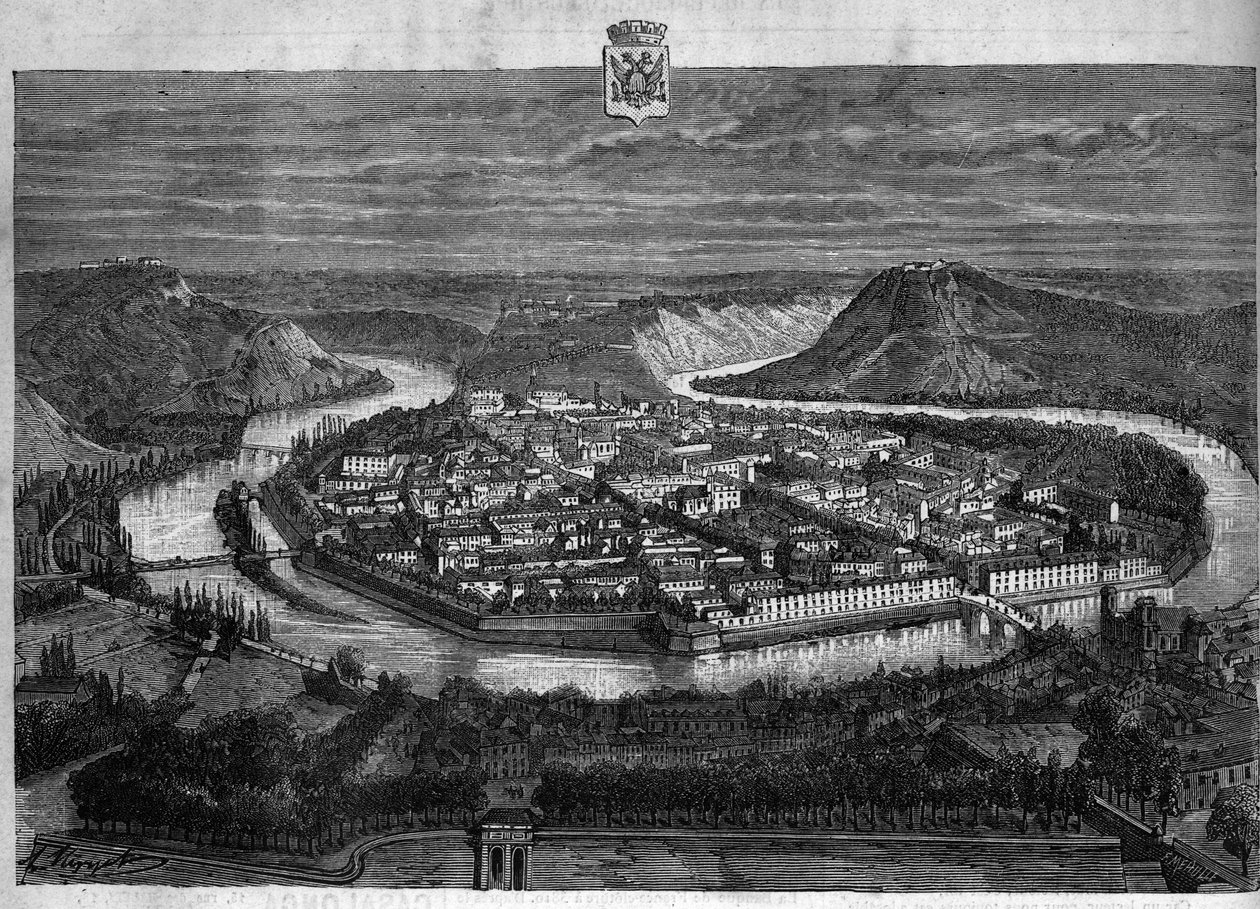 Utsikt över staden Besancon i Doubs. Gravyr från 1880 i "La republique illustree"" privat samling. av French School