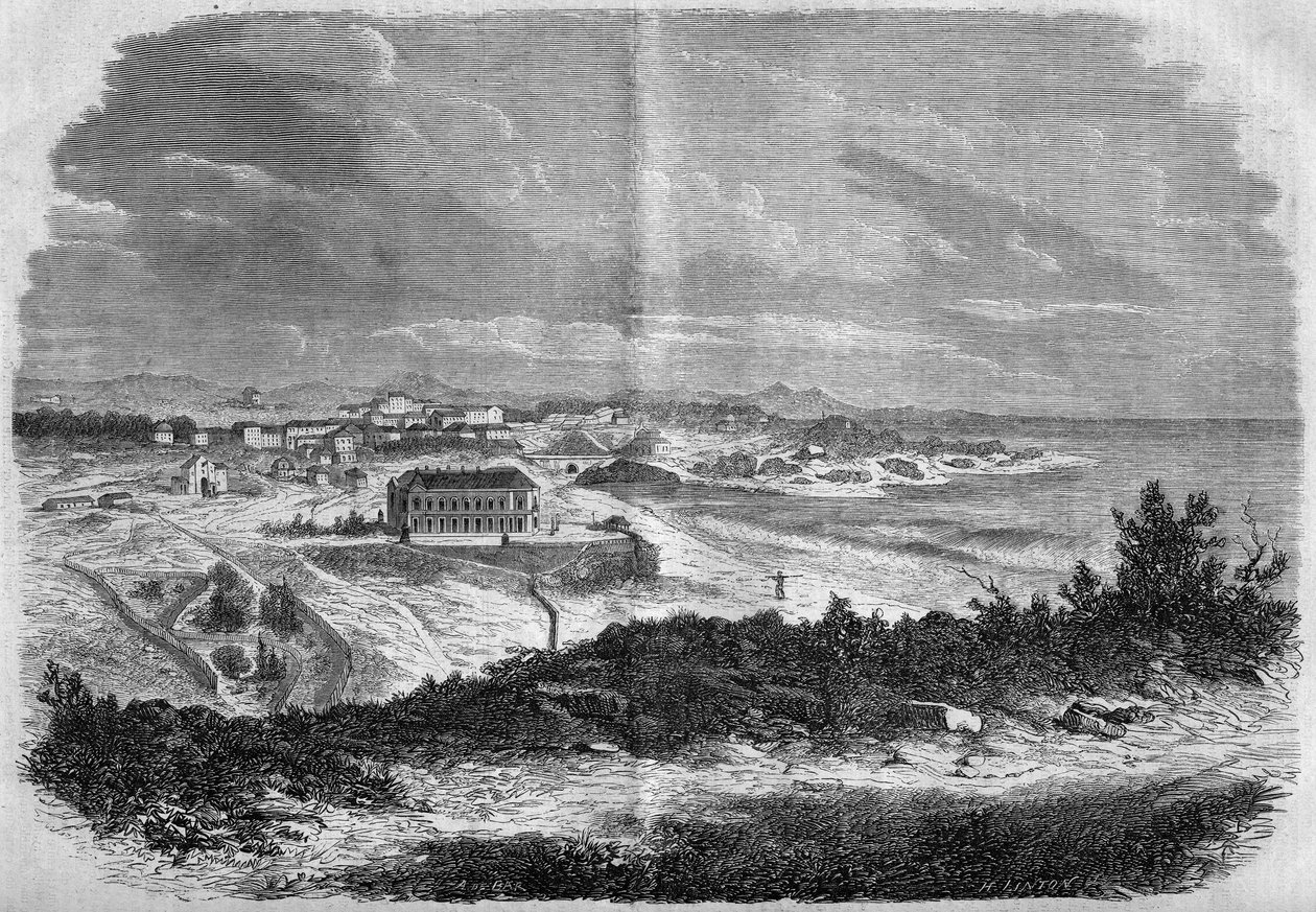 Utsikt över staden Biarritz, Pyrenéerna Atlanten (64) 1858. Gravyr i "" Le Monde Illustré"" nr 75 av 18 september 1858. av French School