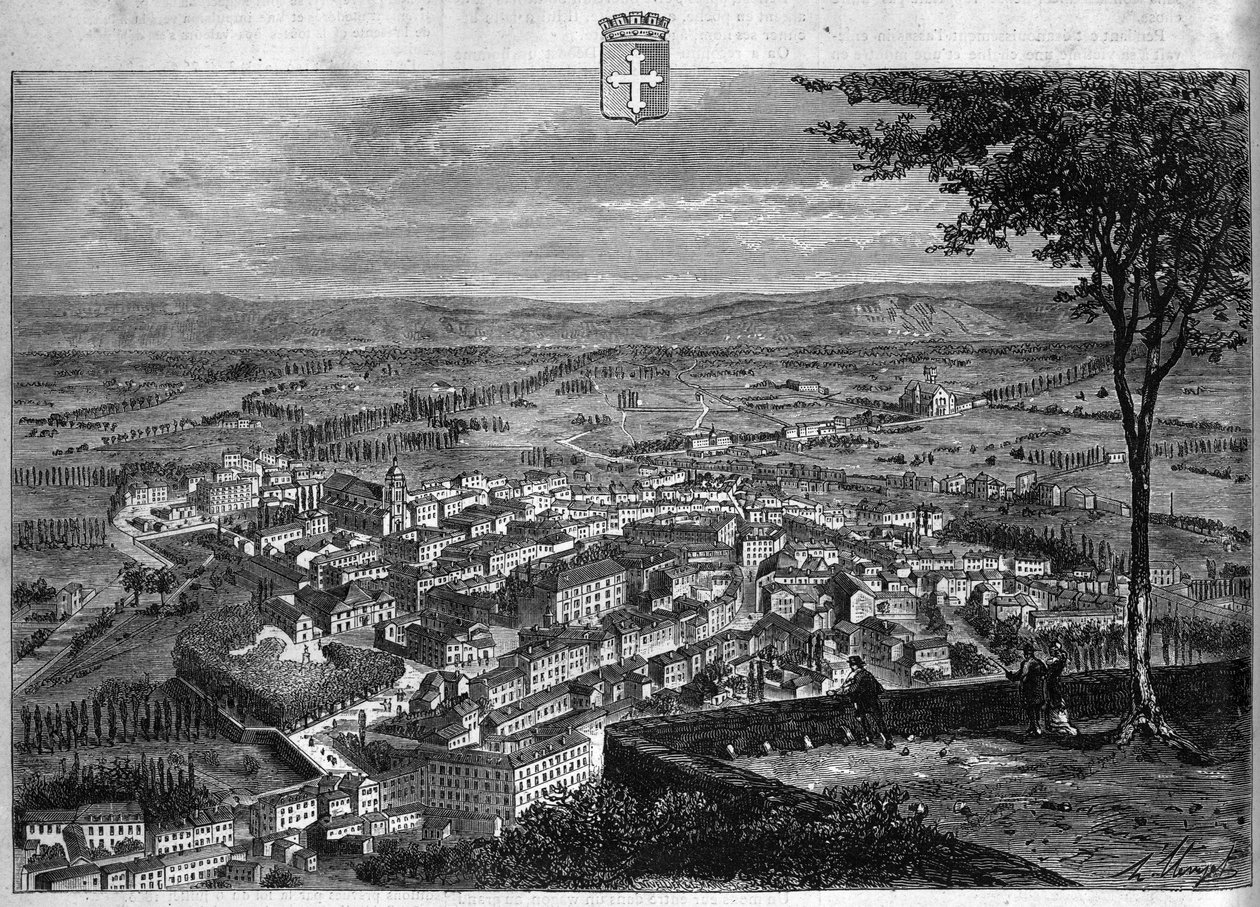 Utsikt över staden Bourg i Ain. Gravyr från 1880 i "La republique illustree"" privat samling. av French School