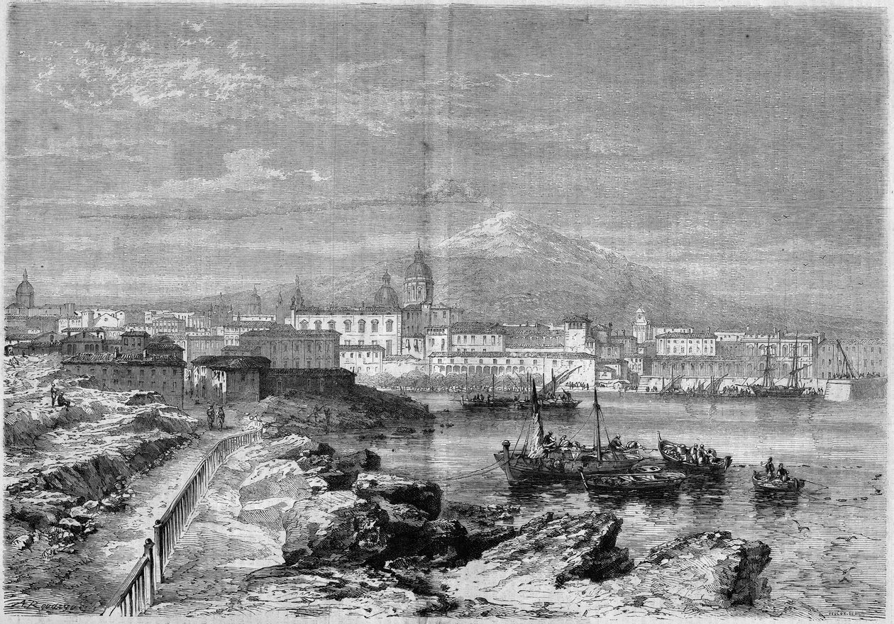 Utsikt över staden Catania (Catania) vid foten av vulkanen Etna. Sicilien, Italien av French School