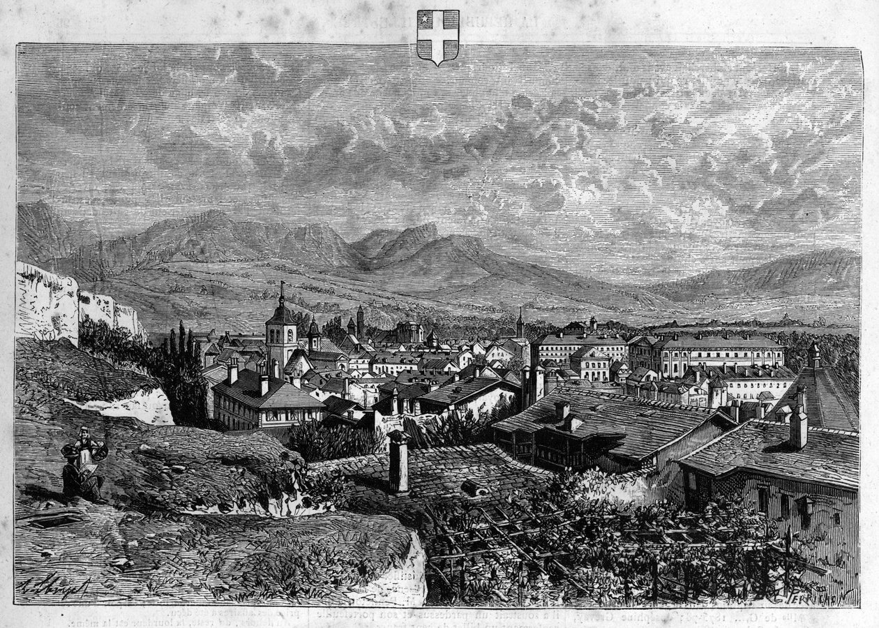 Utsikt över staden Chambery i Savojen. Gravyr från 1880 i "La republique illustree"" privat samling. av French School