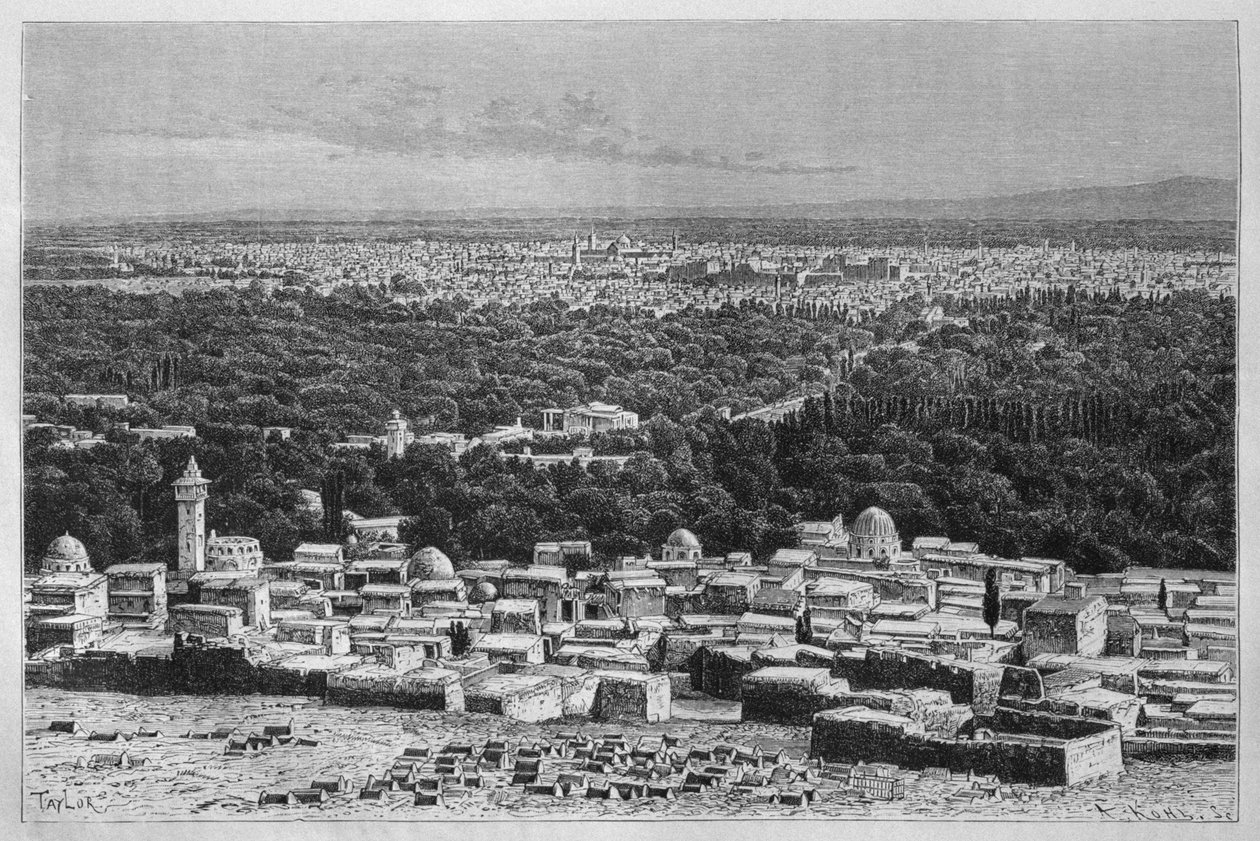 Utsikt över staden Damaskus, från Syrien idag. Reser i Fenicien, Libanon och Judéen. 1875-1880 av Louis Charles Emile Lortet, 1884 (bw gravyr) av French School