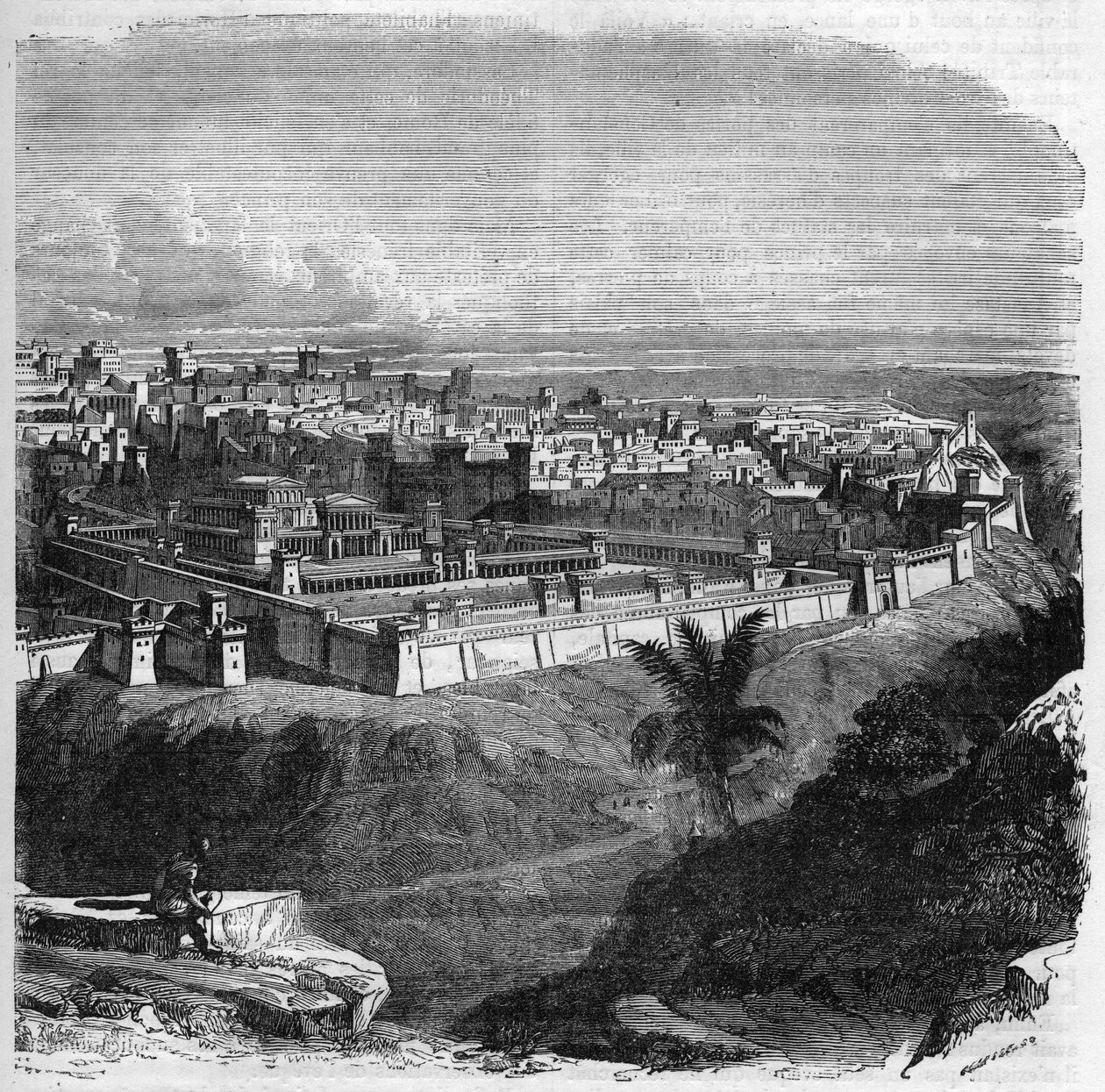 Utsikt över staden Jerusalem före förstörelsen av templet. Gravyr i "Histoire des Papes-Rois-Queen and Empereurs a travers les centuries"" av Maurice Lachatre av French School