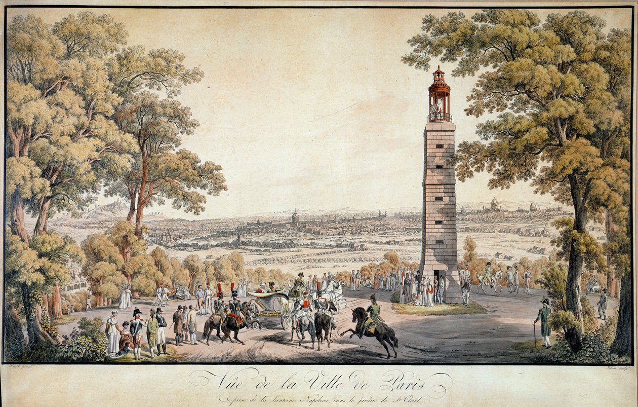 Utsikt över staden Paris, tagen från lyktan eller "Lantern of Demosthene" vid Parc Saint Cloud. Kejsar Napoleon I är en representant som går genom trädgårdarna, den ljusa lyktan indikerade kejsarens närvaro. Litografi från 1800-talet av French School