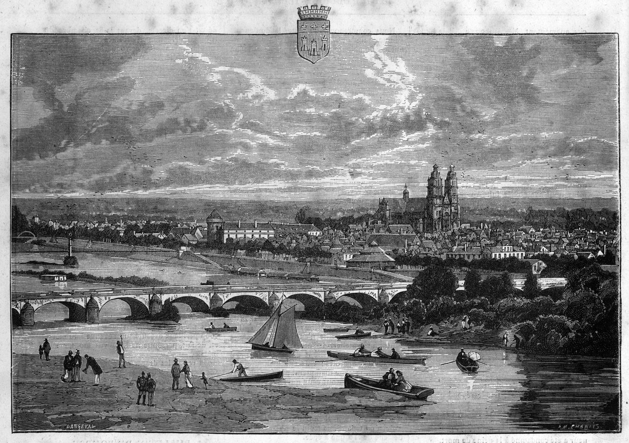 Utsikt över staden Tours i Indre et Loire. Gravyr från 1880 i "La republique illustree"" privat samling. av French School
