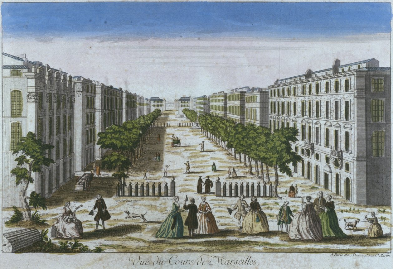 Utsikt över cours, Marseille, Frankrike (färggravyr) av French School