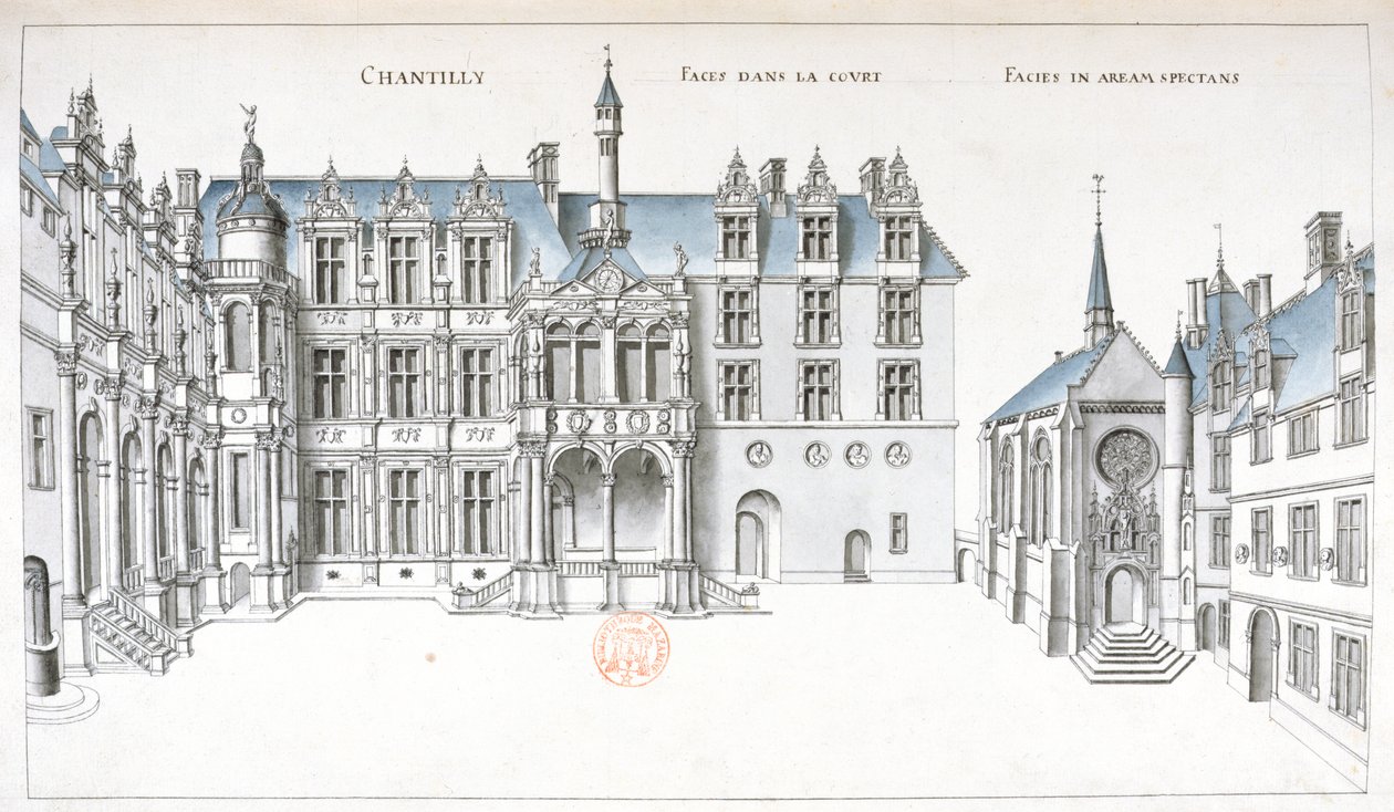 Utsikt över innergården och kapellet i Chantilly (penna, bläck & wc på papper) av French School