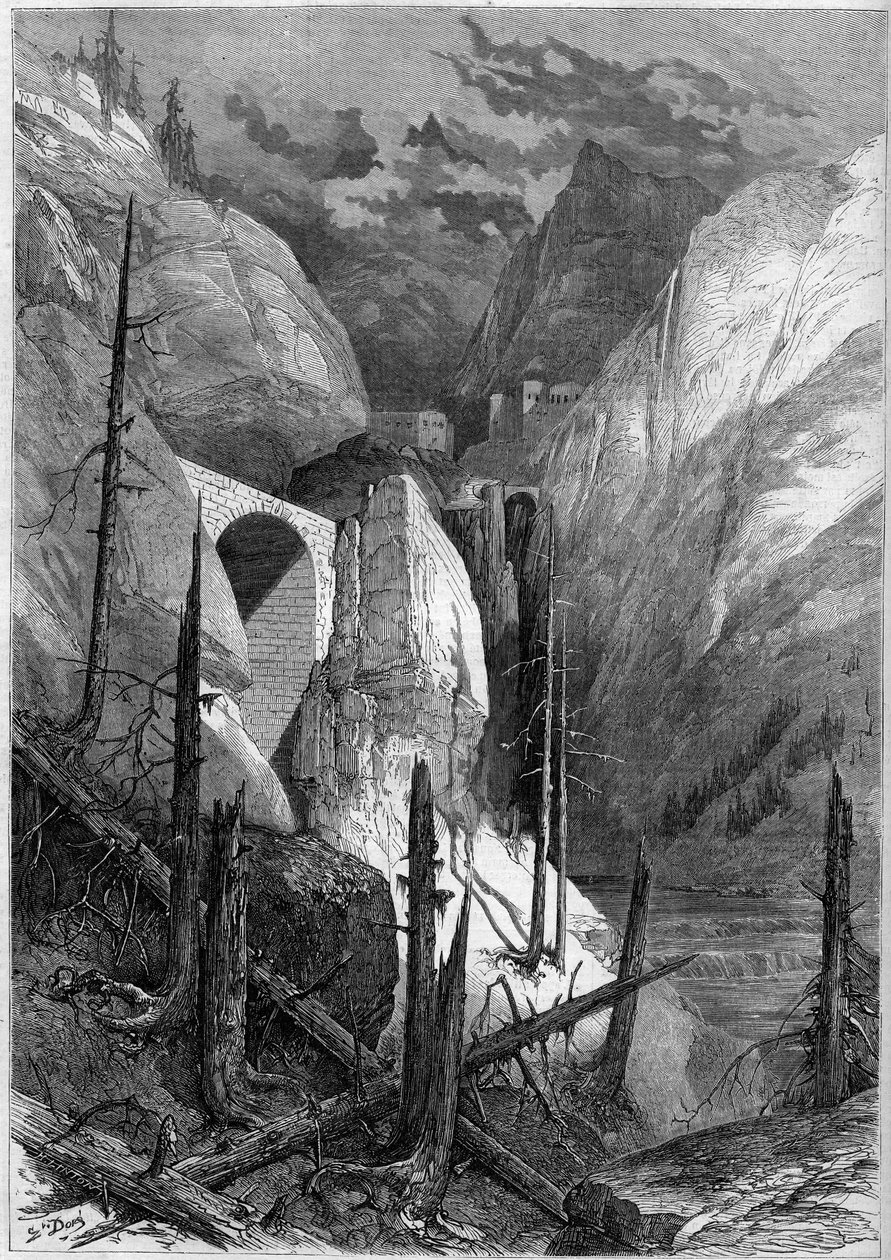 Utsikt över föroreningen och fästningen Finstermunz (1471). Tyrolen, Schweiz av French School