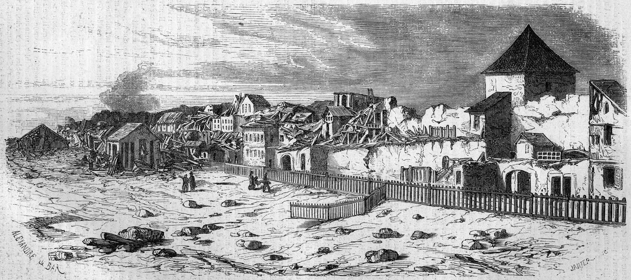 Utsikt över stadsdelen Kastrich, i Mainz (Tyskland), efter explosionen av krutdurken 1857. Från ett fotografi. Gravyr i "" Le Monde Illustré"" nr 36 av 19 december 1857. av French School