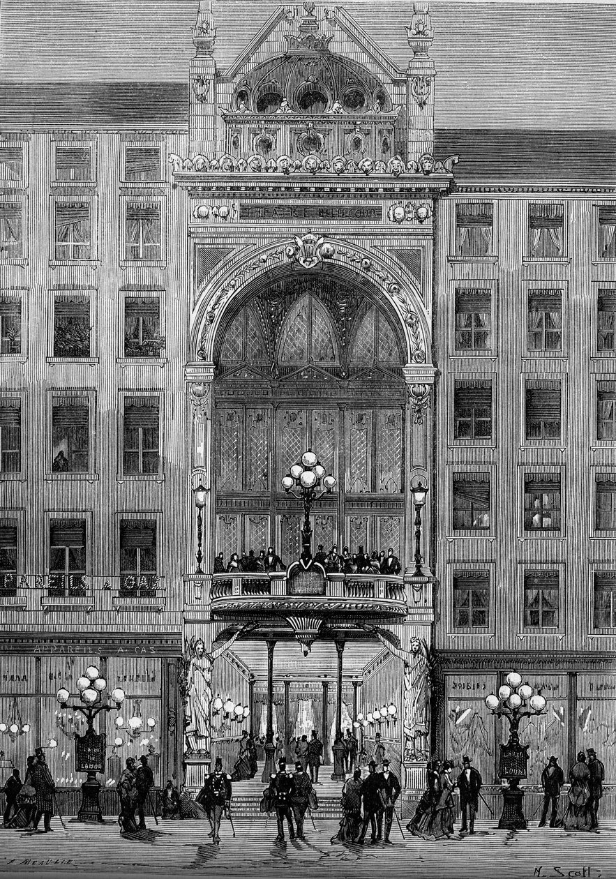 Vy över fasaden på Bellecour-teatern i Lyon, byggd av Jules Chatron (1831-1884) 1879. Gravyr i "" Le Monde Illustré"" nr 1176 den 11 oktober av French School