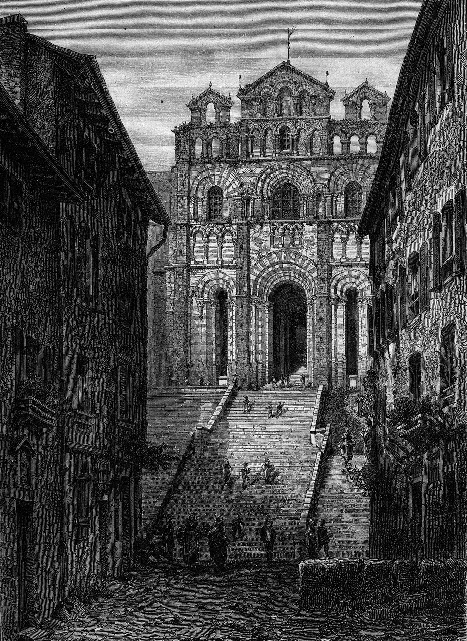 Utsikt över fasaden på katedralen Notre Dame du Puy en Velay (Puy-en-Velay), Haute Loire (43) av French School