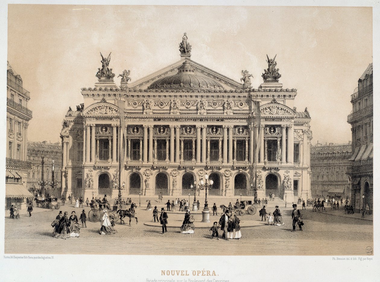 Vy över fasaden av Opera Garnier i Paris med utsikt över Boulevard des Capucines. Från 1800-talets akvarell Paris, Musee Carnavalet av French School