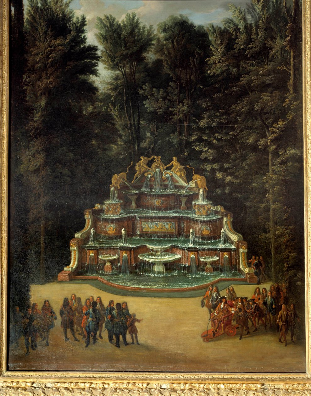 Utsikt över vattenbufféns fontän i trädgårdarna i Grand Trianon 1713. I förgrunden: Ludvig XIV vid Promenade Peinture de Charles Chatelain. 1700-talet. Dämpa. 2,96x1,42 m. Versailles, Versailles slott och Trianon av French School