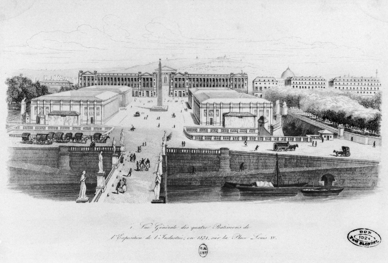 Utsikt över de fyra byggnaderna på industriutställningen i Paris, Place Louis XV, 1834 av French School