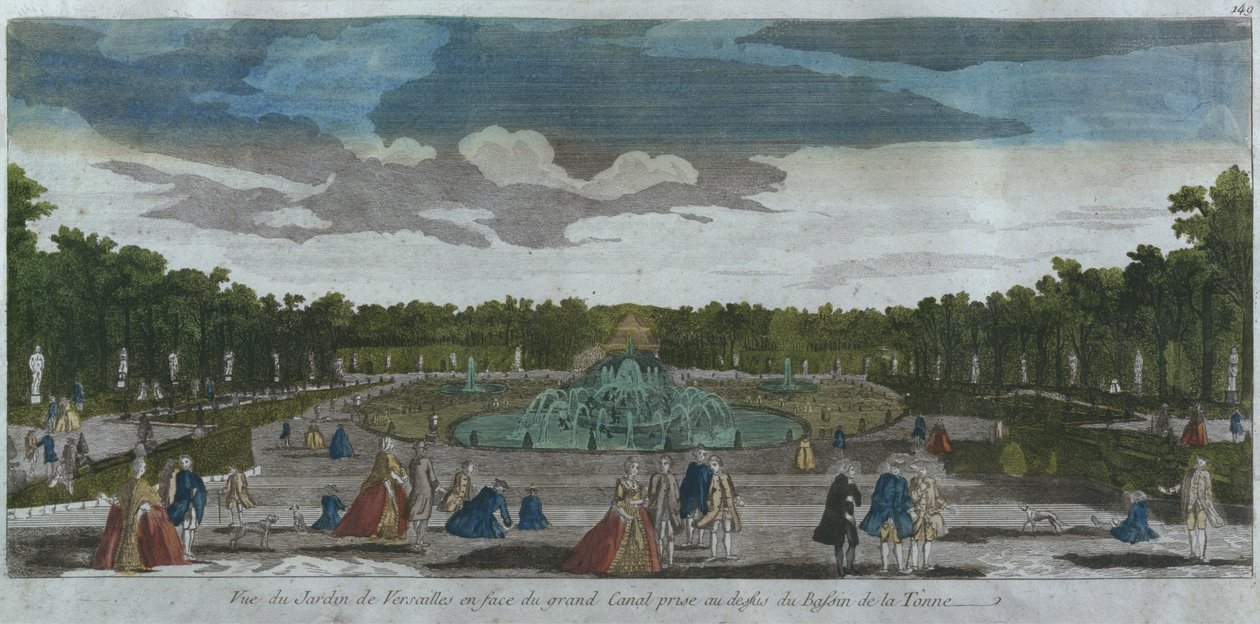 Utsikt över trädgården framför Canal Grande sett från Latonas fontän, Versailles, Frankrike av French School