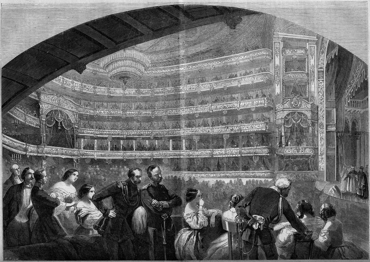 Utsikt över hallen i Imperial Theatre i Moskva, Ryssland av French School