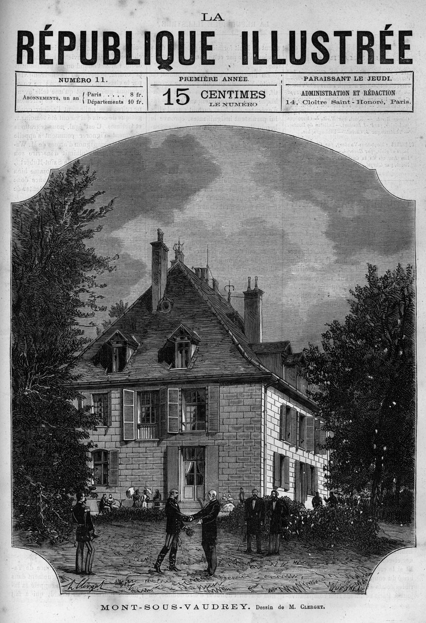 Utsikt över president Jules Grevys (1807-1891) hus i Mont sous Vaudrey (Mont-sous-Vaudrey) i Franche Comte. En tidning. Gravyr från 1880 i "La republique illustree"" privat samling. av French School