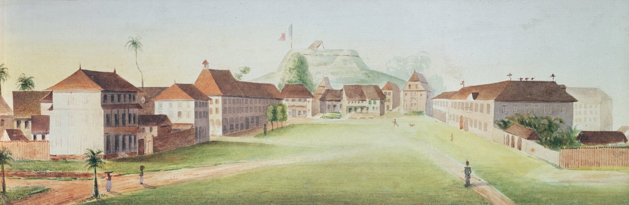 Utsikt över infanteribarackerna i Cayenne, Franska Guyana, ca. 1840 (wc på papper) av French School