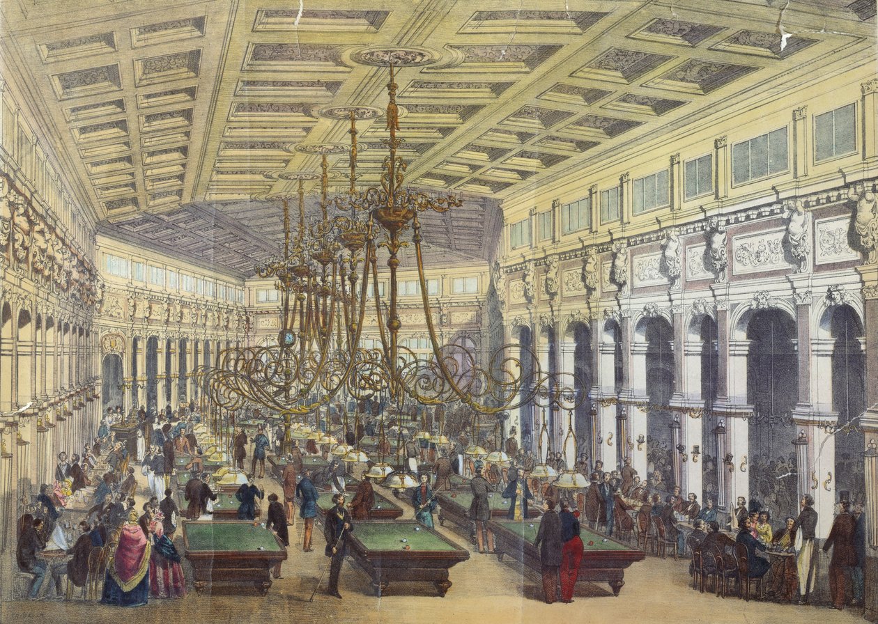 Vy över interiören av Grand Cafe Parisien, Paris, graverad av Thibault, 1855 av French School