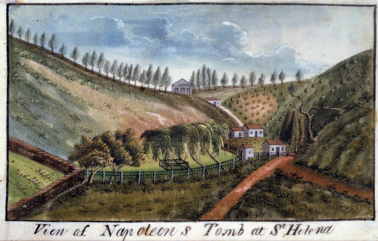 Utsikt över ön Saint Helene med kejsar Napoleon I:s grav (1769-1821) Akvarell runt 1821. Ile d