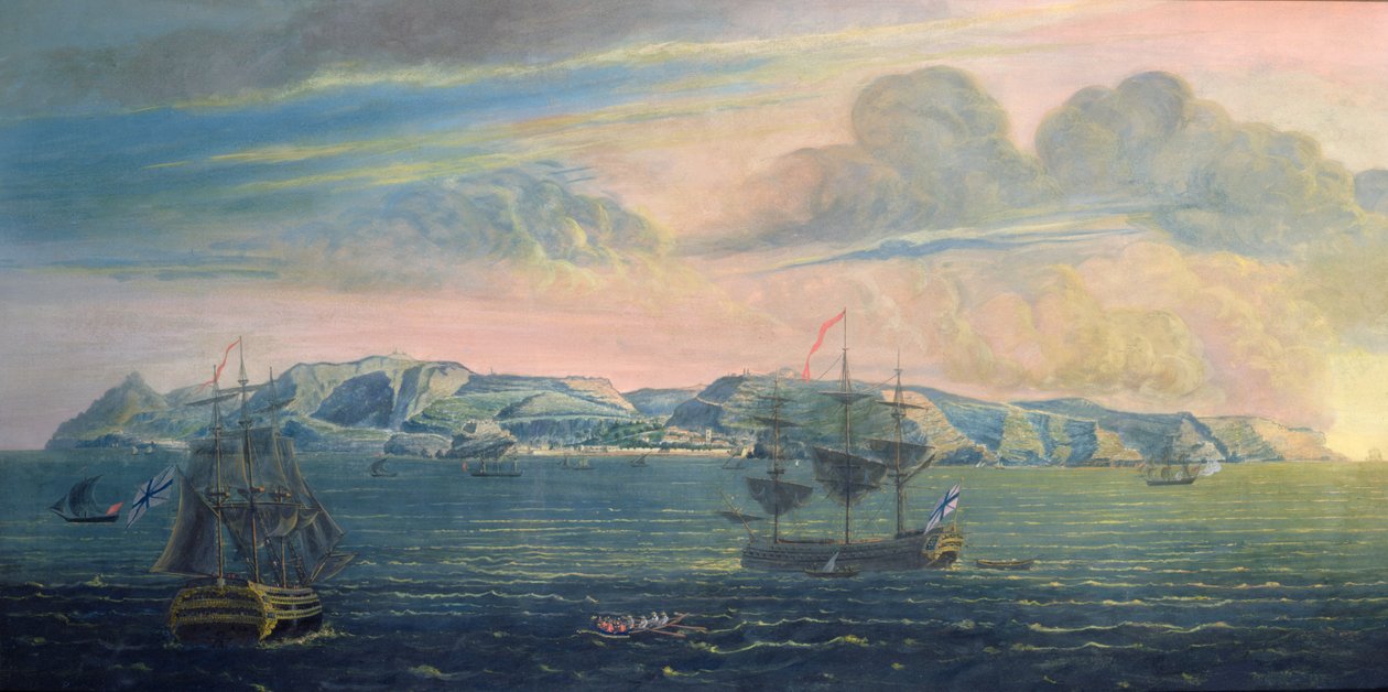 Utsikt över ön St. Helena, ca 1820 (wc och gouache på papper) (se även 182638) av French School