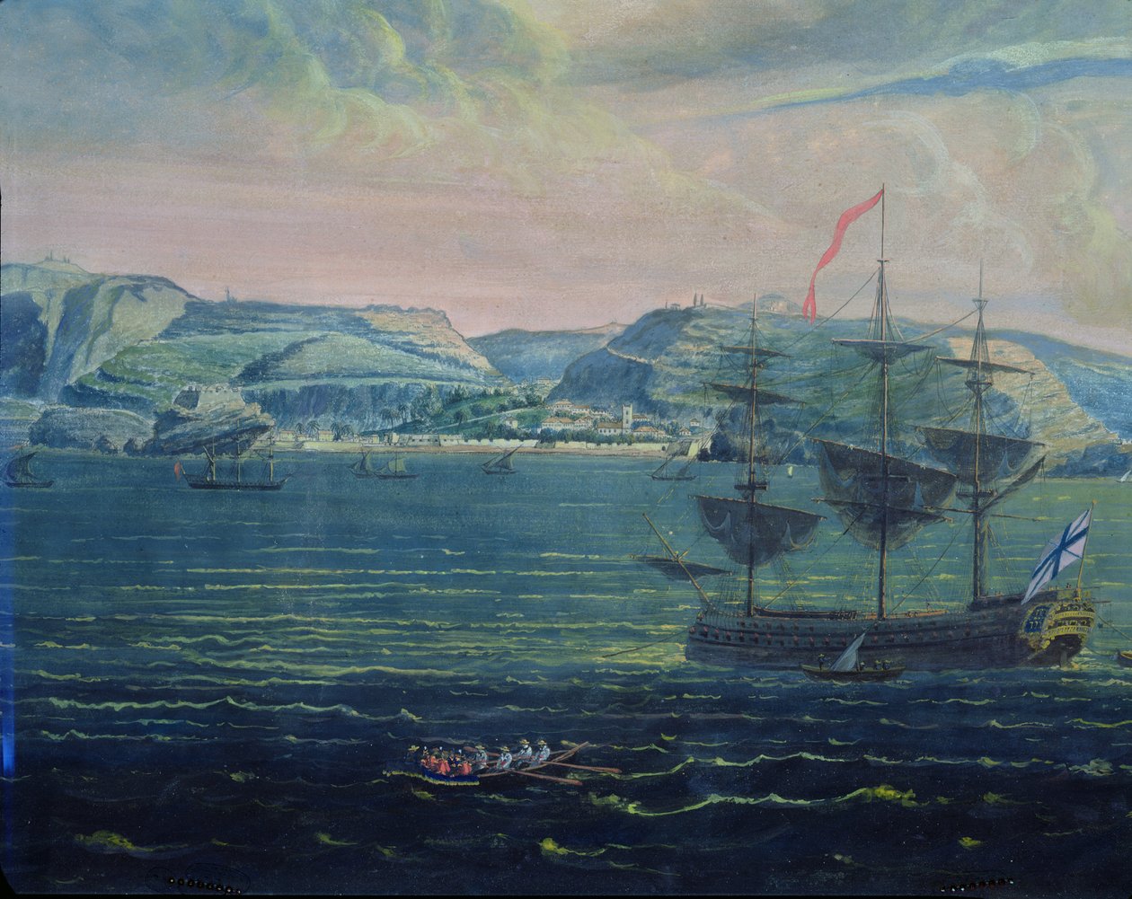 Utsikt över ön St. Helena, ca 1820 (wc och gouache på papper) (se även 182640) av French School