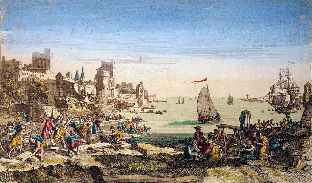 Vy över hamnen och skeppsvarven i staden Le Havre (Seine maritime). av French School