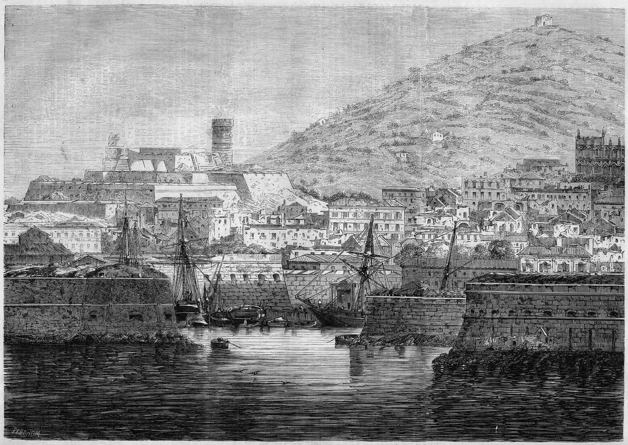 Utsikt över hamnen och staden Gaete (Gaeta), Italien av French School
