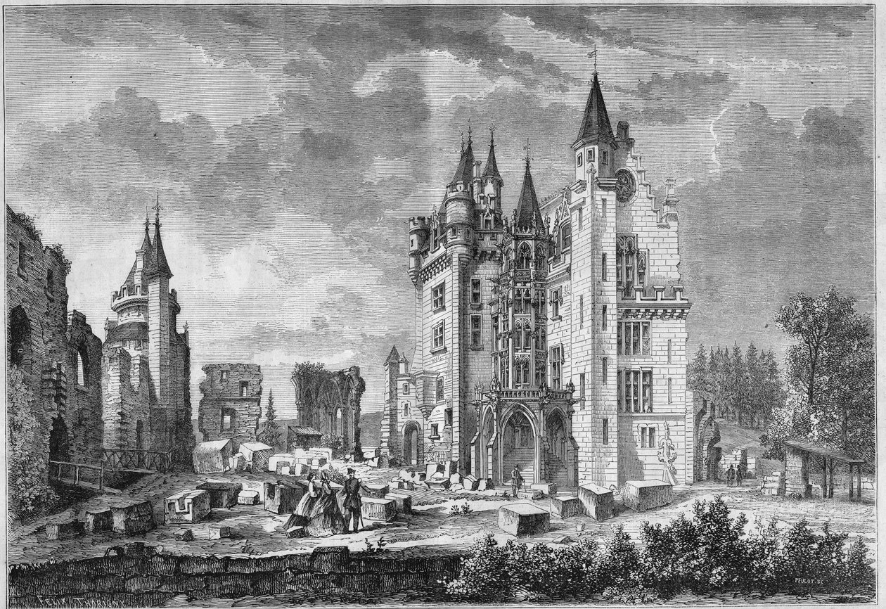 Utsikt över restaureringsarbetet av Chateau de Pierrefonds, organiserat av Eugene Viollet le Duc (Viollet-le-Duc), under besöket av Napoleon III och imponen Eugenie de Montijo. Oise (60) av French School