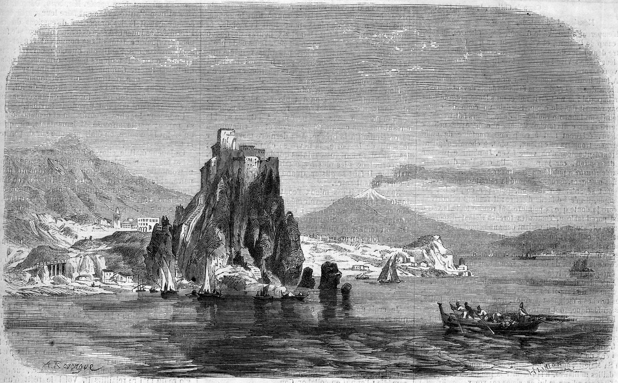 Utsikt över klipporna "" Charybde"" och "" Scylla"" i Detroit of Messina, Sicilien av French School