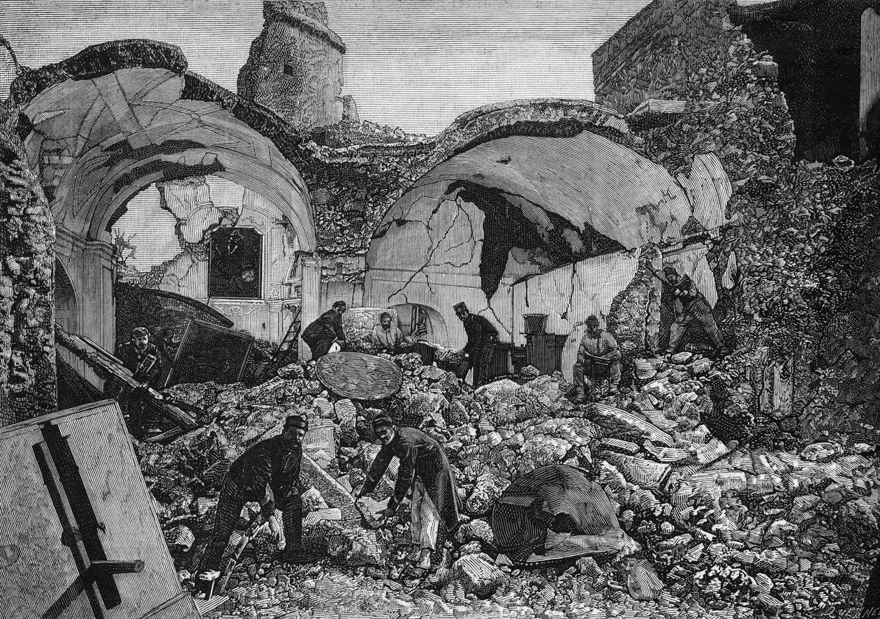 Utsikt över ruinerna av Chiese del Purgatorio, som förstördes under jordbävningen 1881 på ön Ischia (Italien). Gravyr av Quesnel i ""The Illustrous World"" nr 1254 av den 9 april 1881. av French School