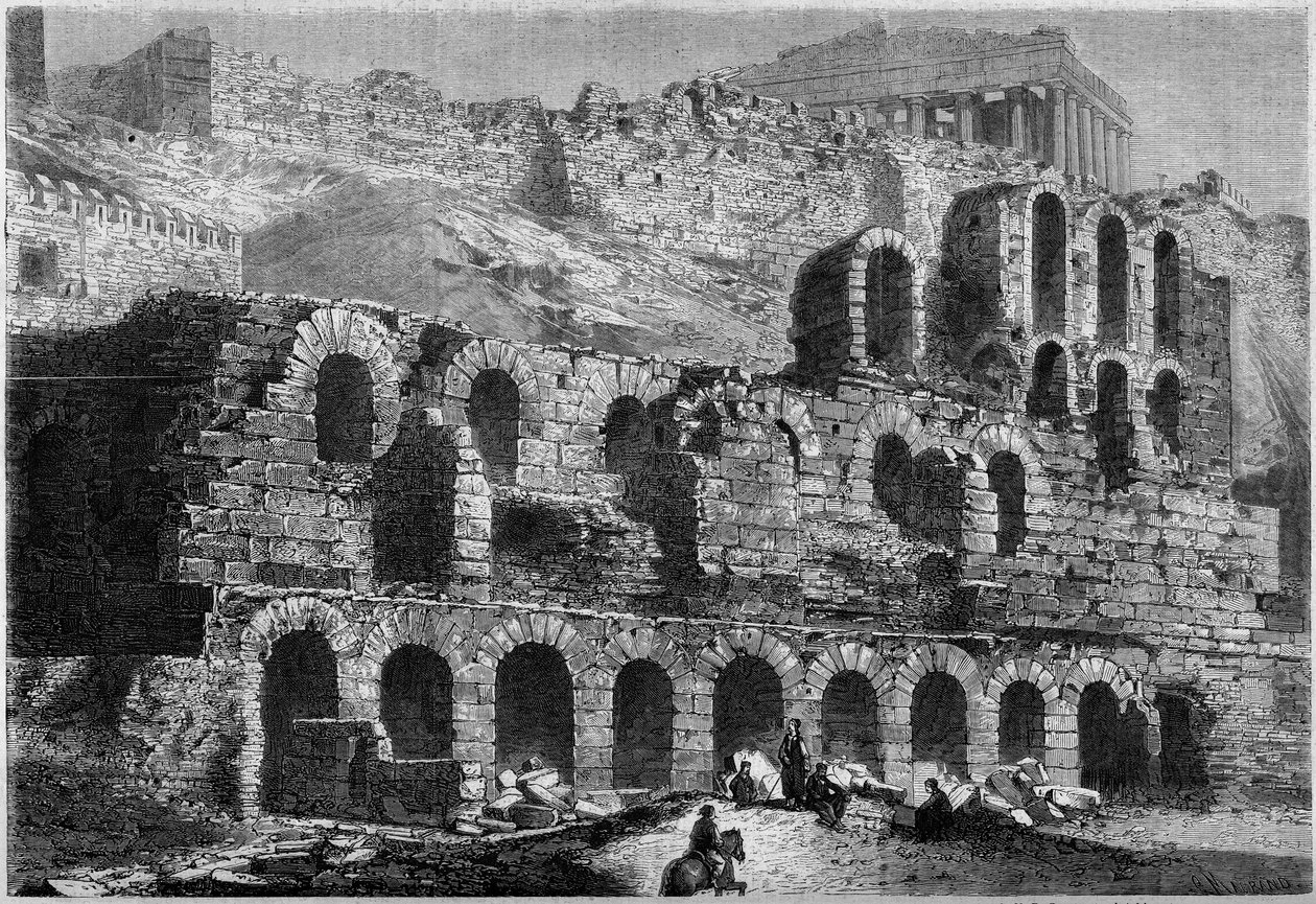 Utsikt över ruinerna av Odeon av Herodes Atticus (byggd 161 e.Kr.) i Aten, Grekland av French School
