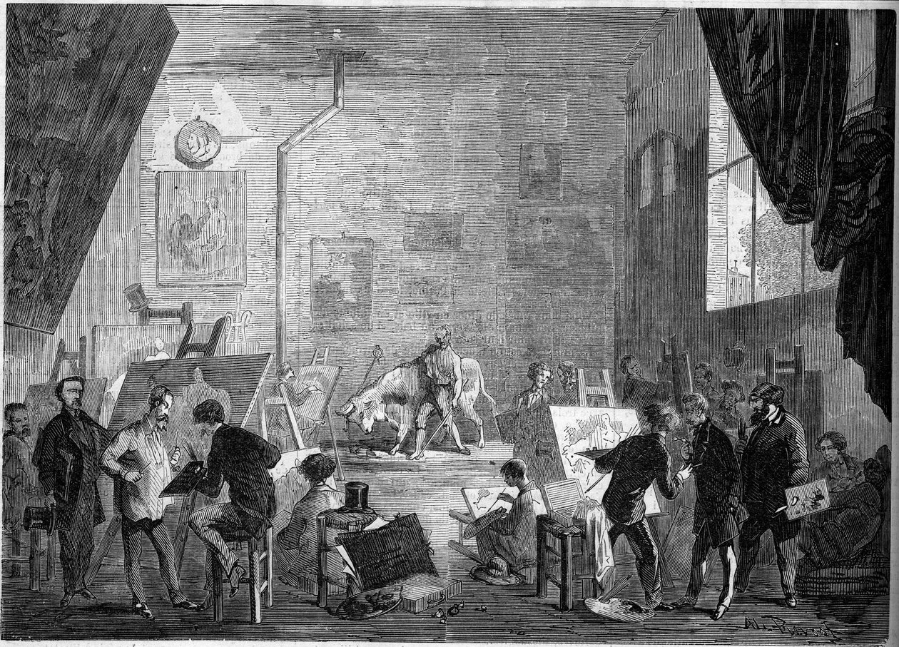 Utsikt över målaren Gustave Courbets (1819-1877) ateljé, rue Notre Dame des Champs i Paris av French School