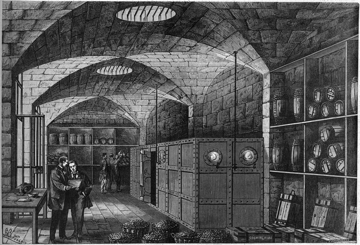 Utsikt över åtstramningen, belägen i Louvrens källare, där silvret som är avsett för Tyskland förvaras. Frankrike fick betala ersättning för sitt nederlag under kriget 1870. Paris av French School