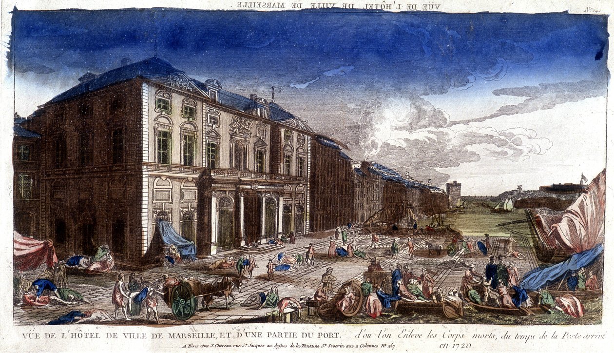 Utsikt över stadshuset i Marseille och en del av hamnen, varifrån pestens döda kroppar anlände 1720 - gravyr av French School
