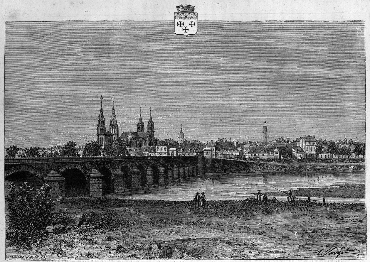 Utsikt över staden Moulins i Allier. Gravyr från 1880 i "La republique illustree"" privat samling. av French School