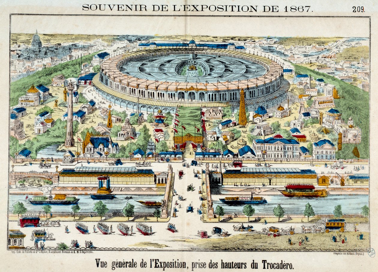 Vy över världsutställningen från Trocadero i Paris. Gravyr från 1867. Paris, karnevalsmuseum av French School