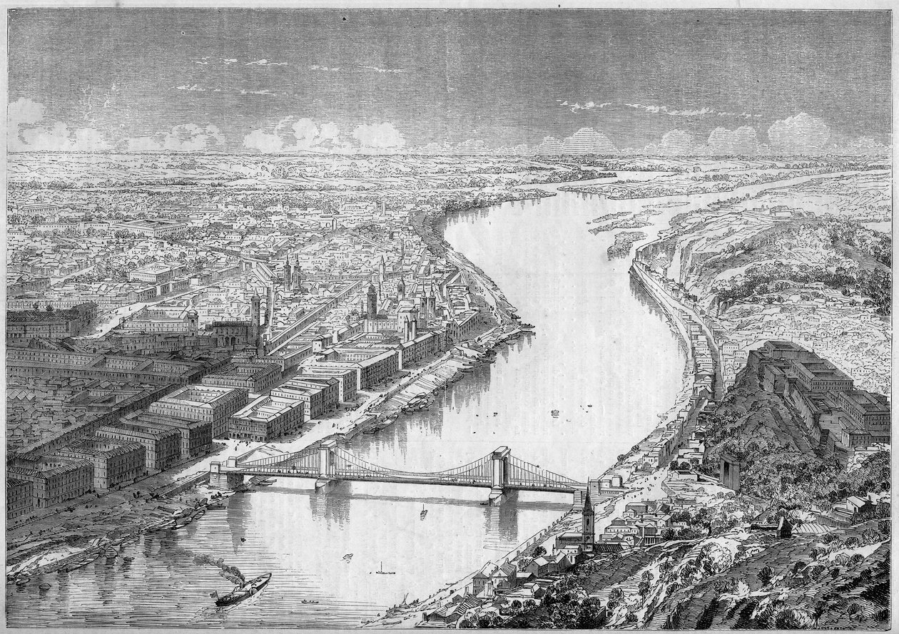 Utsikt över staden Pesth (Pest), Ungerns huvudstad, 1861, och över Szechenyi-bron, eller Chaines-bron, byggd mellan 1840 och 1849. Gravyr i "" Le Monde Illustré"" nr 229 av 31 augusti 1861. av French School