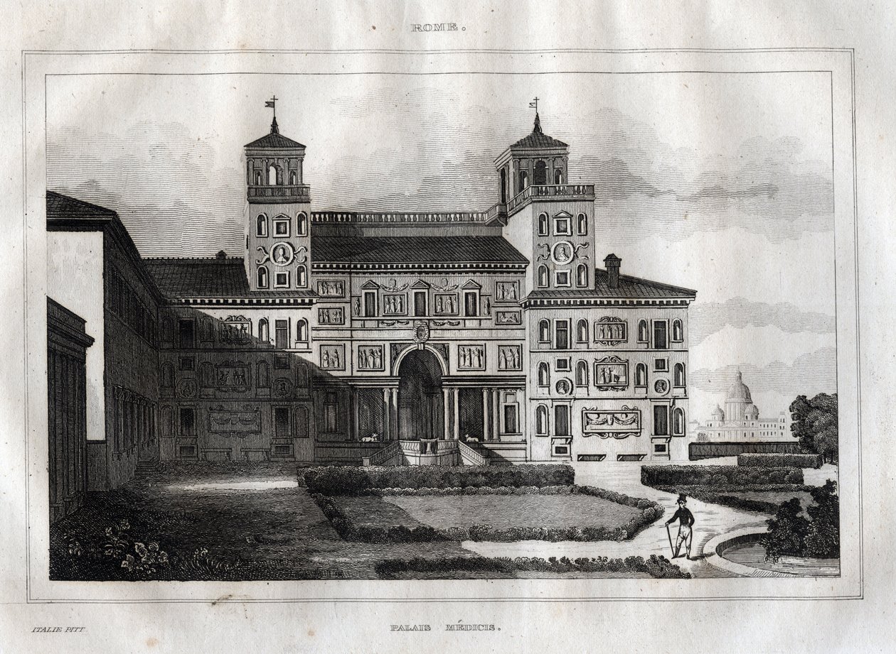 Villa Medici Rom - Villa Medicis - Gravyr från "" Pittoreska Italien"" - Historisk och beskrivande målning av Italien" av M. de Norvins, Ch. Nodier 1834-1836. av French School