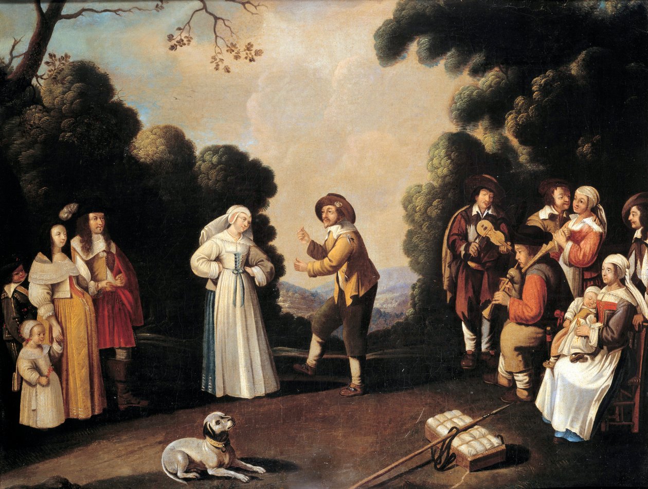 Bydansscen förmodligen på en bröllopsfest, en gravid kvinna till vänster. Målning av den franska skolan. Avignon från 1600-talet, Musee Calvet av French School