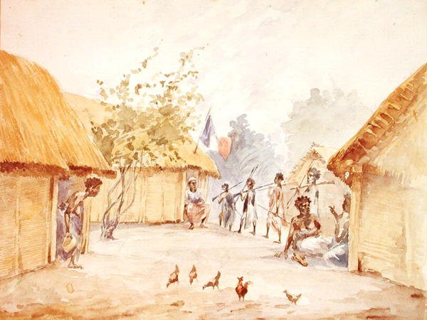 By på Madagaskar vid tiden för dess erövring av Frankrike 1895-96 (akvarell på papper) av French School