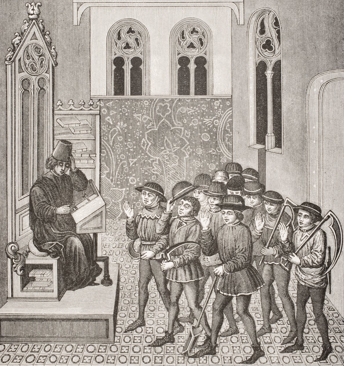 Skurkar som tar emot sina Lords Orders innan de går till jobbet, efter en miniatyr i ett 1400-talsmanuskript, från Le Moyen Age et La Renaissance av Paul Lacroix (1806-84) publicerad 1847 av French School
