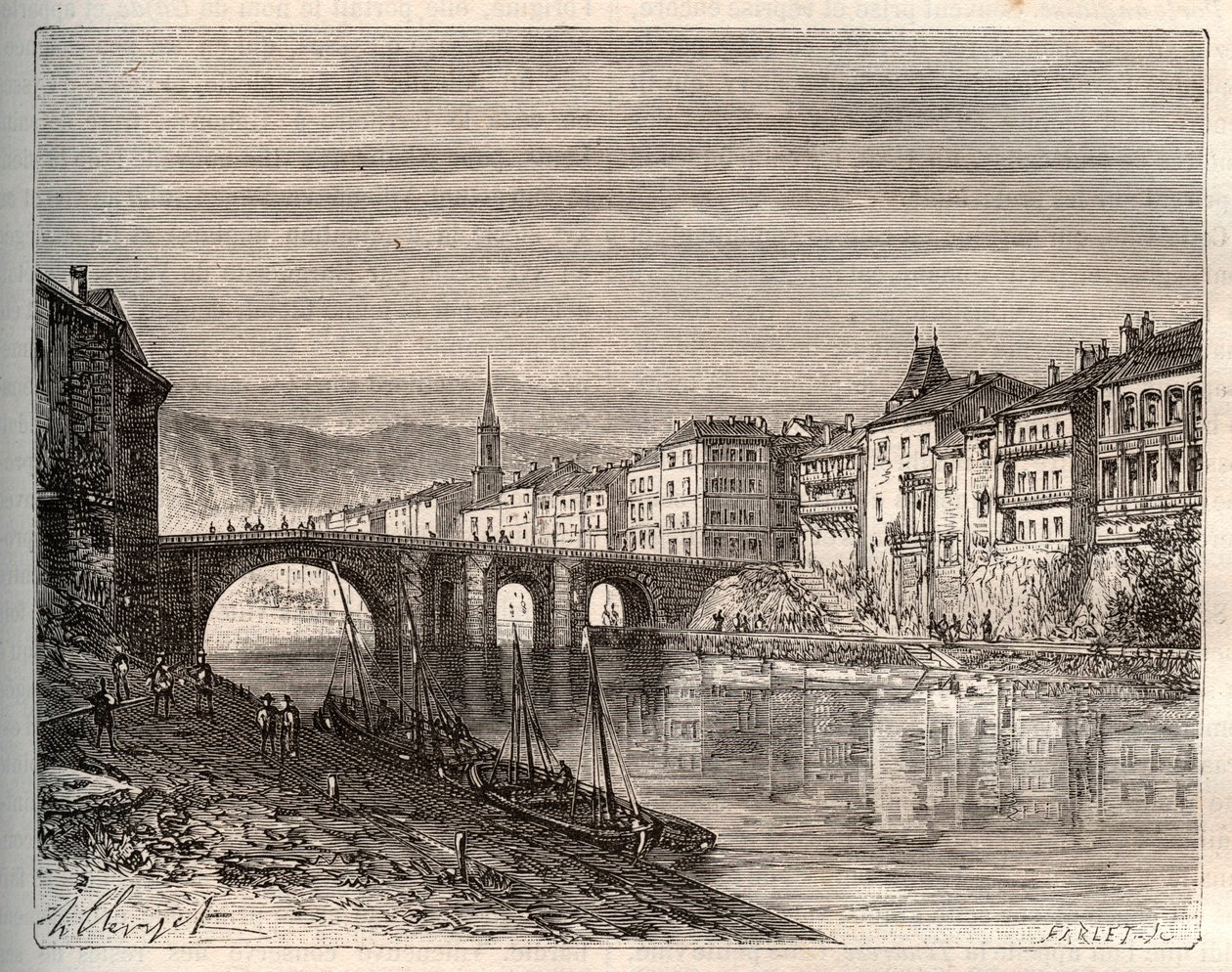 Villeneuve-sur-Lot (Villeneuve sur Lot) - departementet Lot-et-Garonne - gravyr i "La France illustree: geografi, historia, statistisk administration" av V.-A. Malt-brunt. 1884 av French School