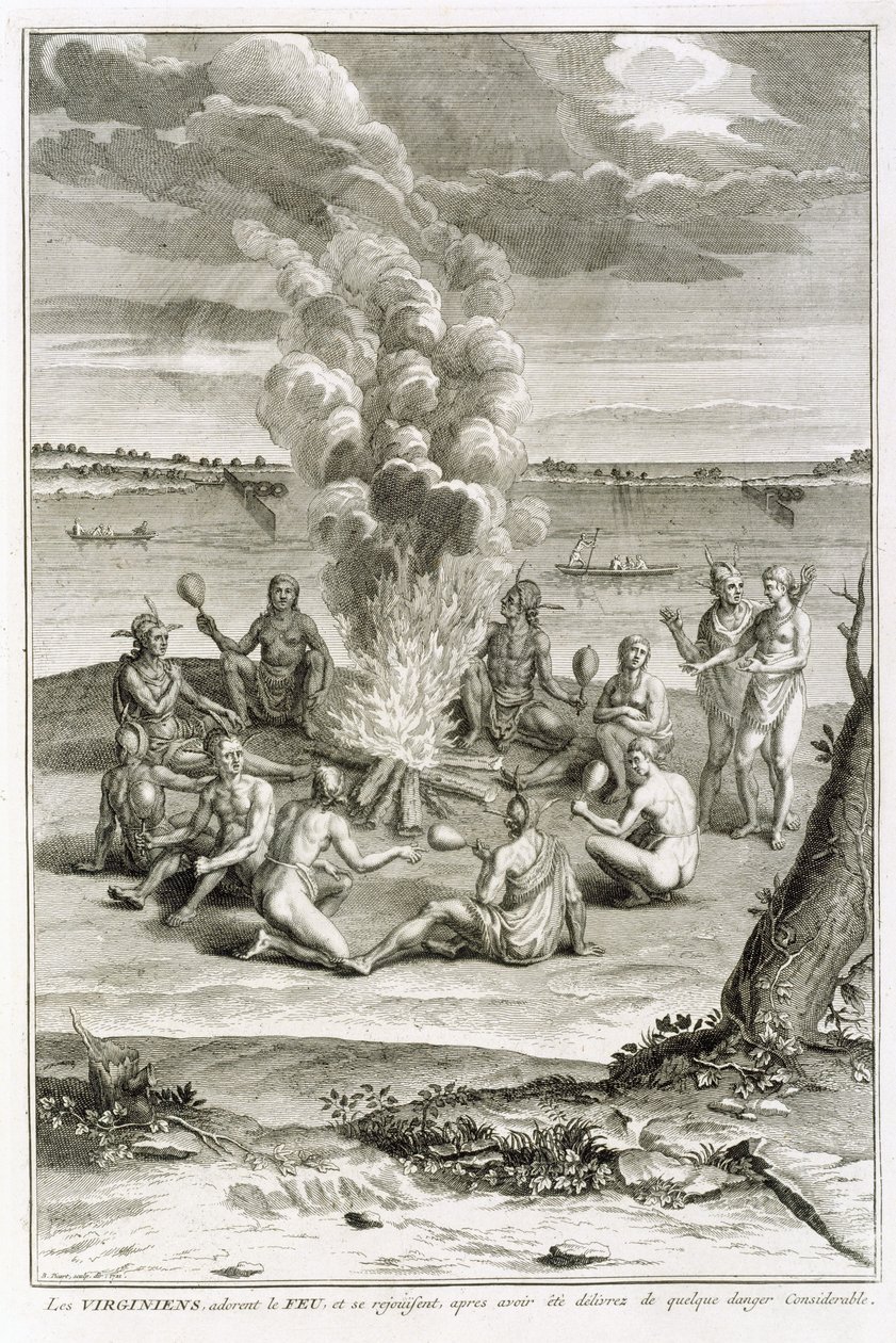 Virginians dyrkar eld och glädje efter att ha befriats från betydande fara, illustration från religiösa ceremonier och seder, graverad av Bernard Picart (1673-1733) 1721 av French School
