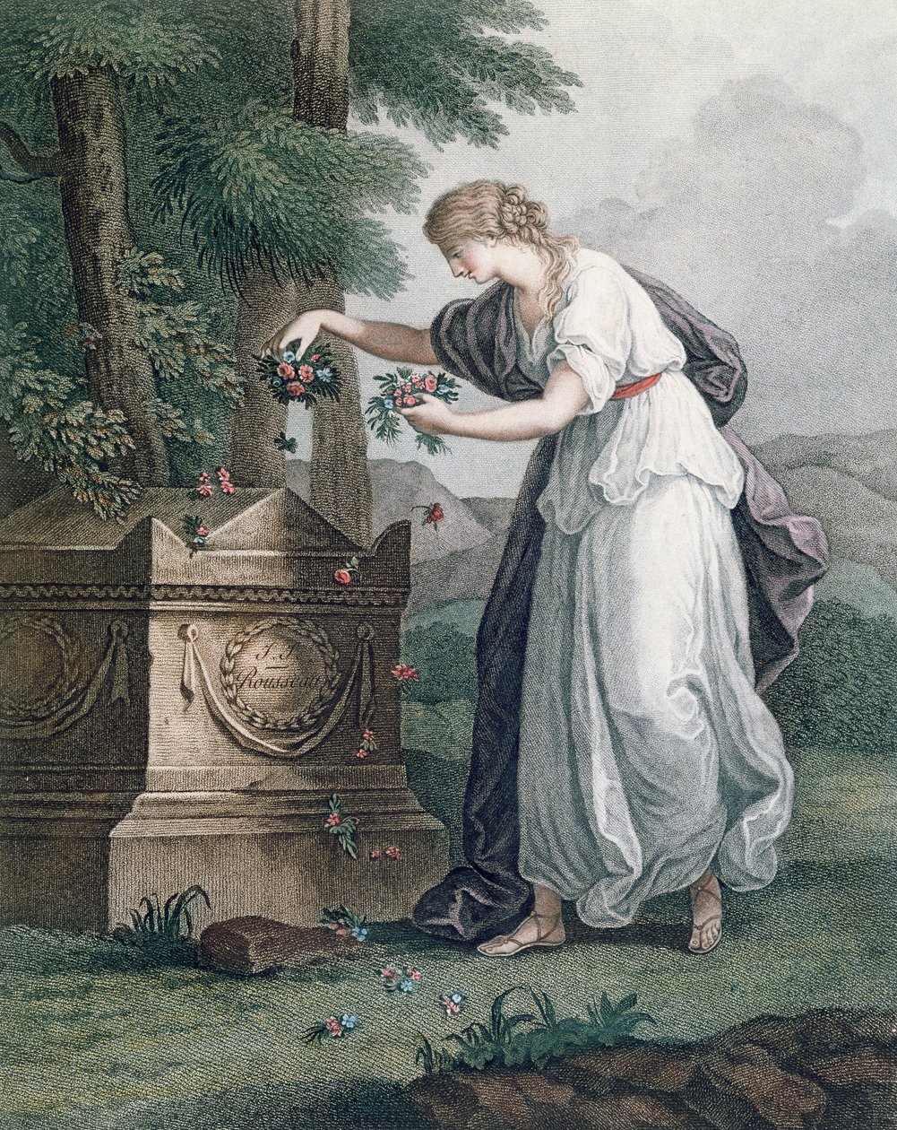 Dygden hyllas vid Rousseaus grav, Ermenonville (Tombeau de Jean Jacques Rousseau), 1866 (handfärgad sticklinggravyr) av French School