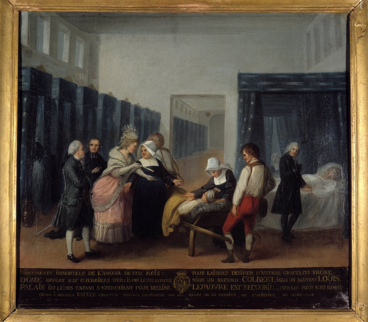 Besök av herr och fru Necker på Invalides Hospital - Franska skolan, Museum of Public Assistance, sent 1700-tal av French School